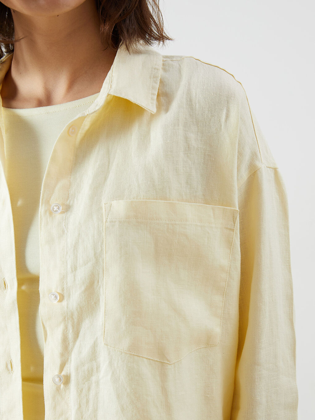 Sarı %100 Keten Oversize Kadın Gömlek-2