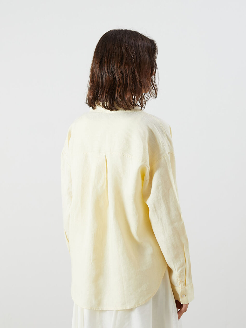Sarı %100 Keten Oversize Kadın Gömlek-3
