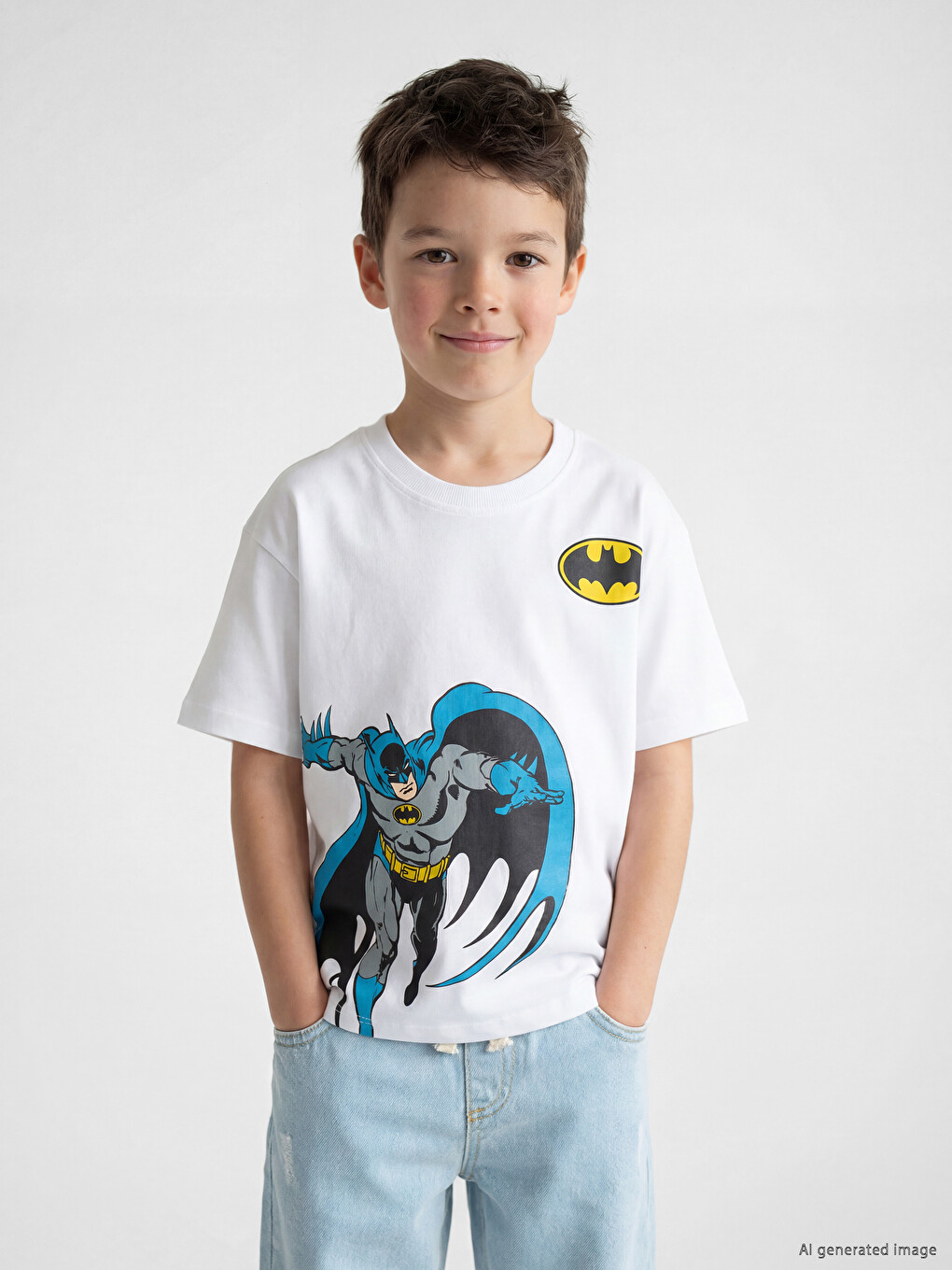 Beyaz Bisiklet Yaka Batman Baskılı Erkek Çocuk Tişört-2