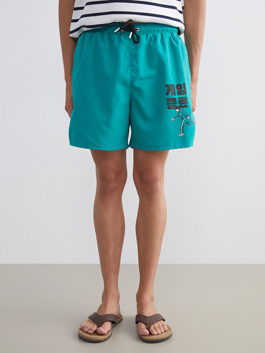 Yeşil Kısa Boy Baskılı Erkek Deniz Şortu-1