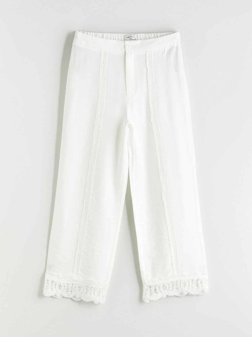 Ekru Beli Lastikli Dantel Detaylı Kadın Pantolon-3