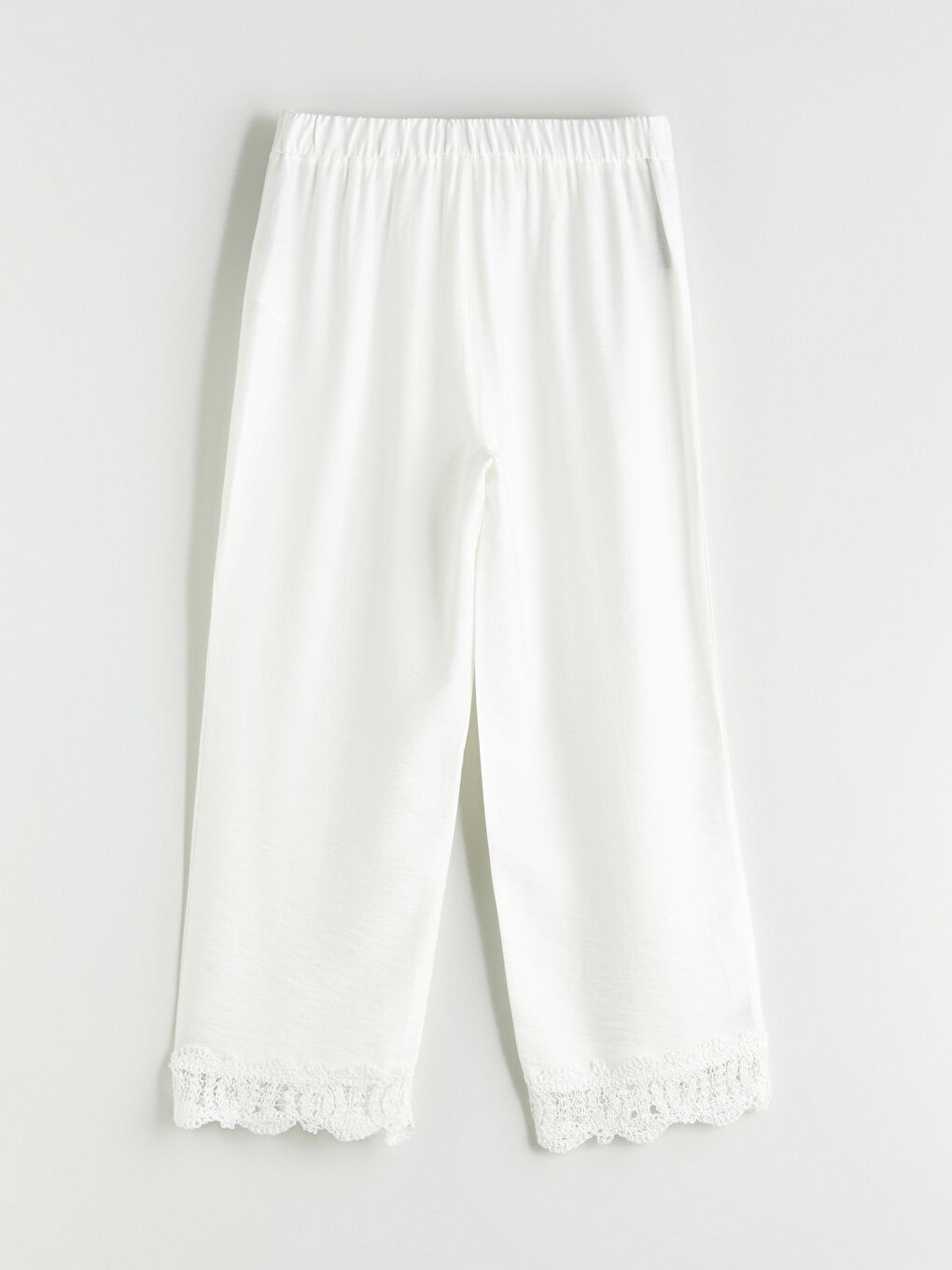 Ekru Beli Lastikli Dantel Detaylı Kadın Pantolon-4