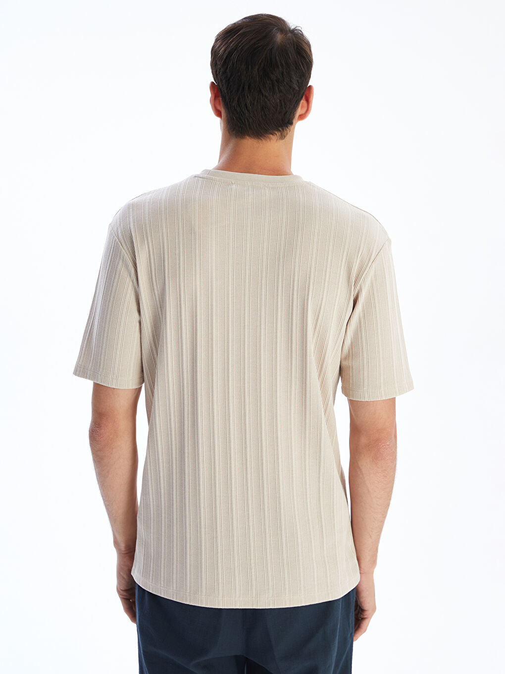 Bej Bisiklet Yaka Erkek Dokulu Tişört-3