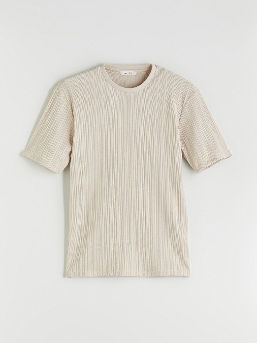 Bej Bisiklet Yaka Erkek Dokulu Tişört-4