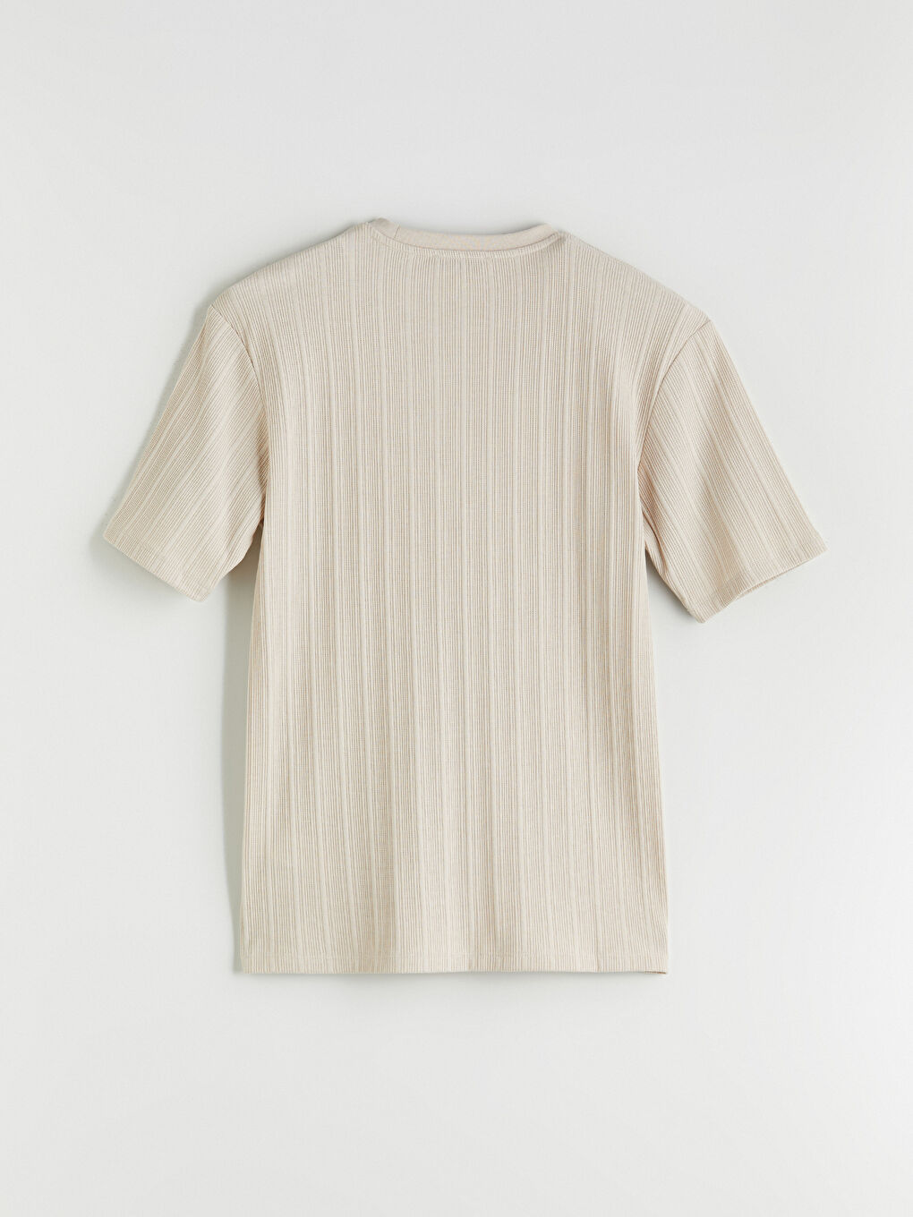 Bej Bisiklet Yaka Erkek Dokulu Tişört-5