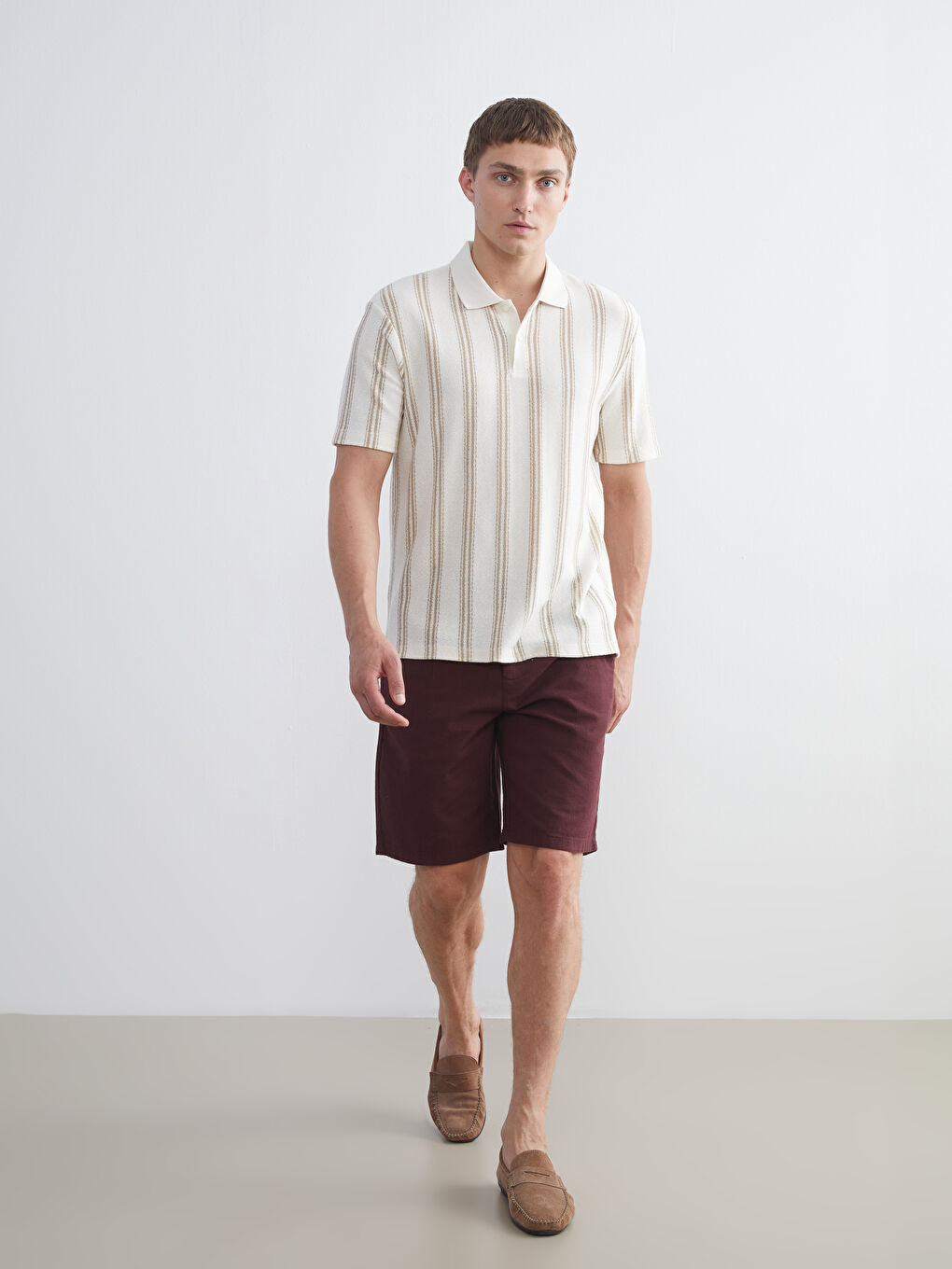 Ekru Polo Yaka Çizgili Erkek Tişört-1