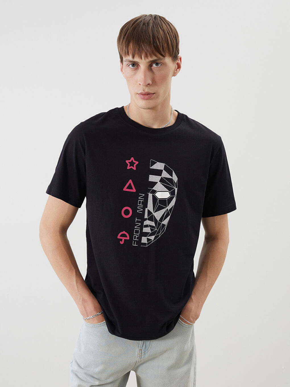 تي شيرت جيرسي مطبوع لعبة الحبار بياقة دائرية وكم قصير للرجال