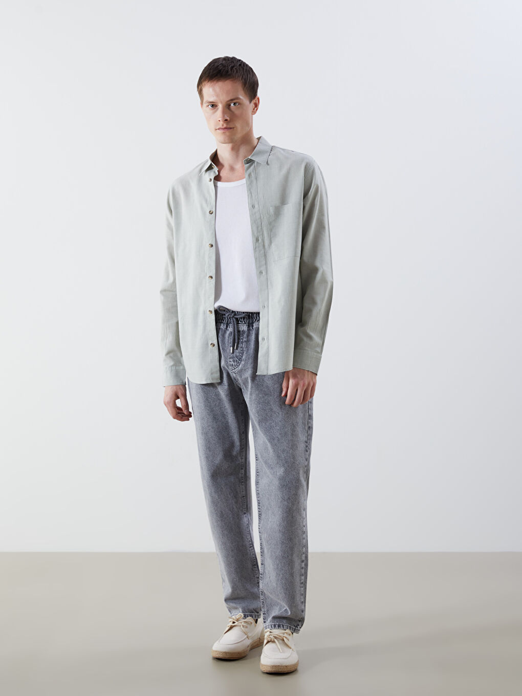 Yeşil Regular Fit Uzun Kollu Erkek Jean Gömlek-1