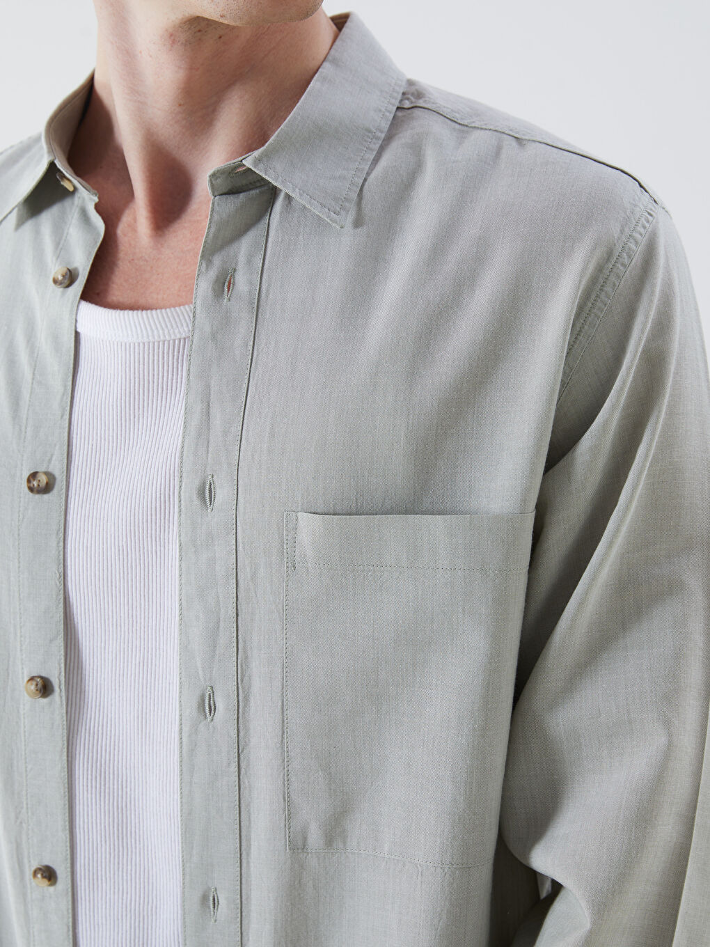 Yeşil Regular Fit Uzun Kollu Erkek Jean Gömlek-2