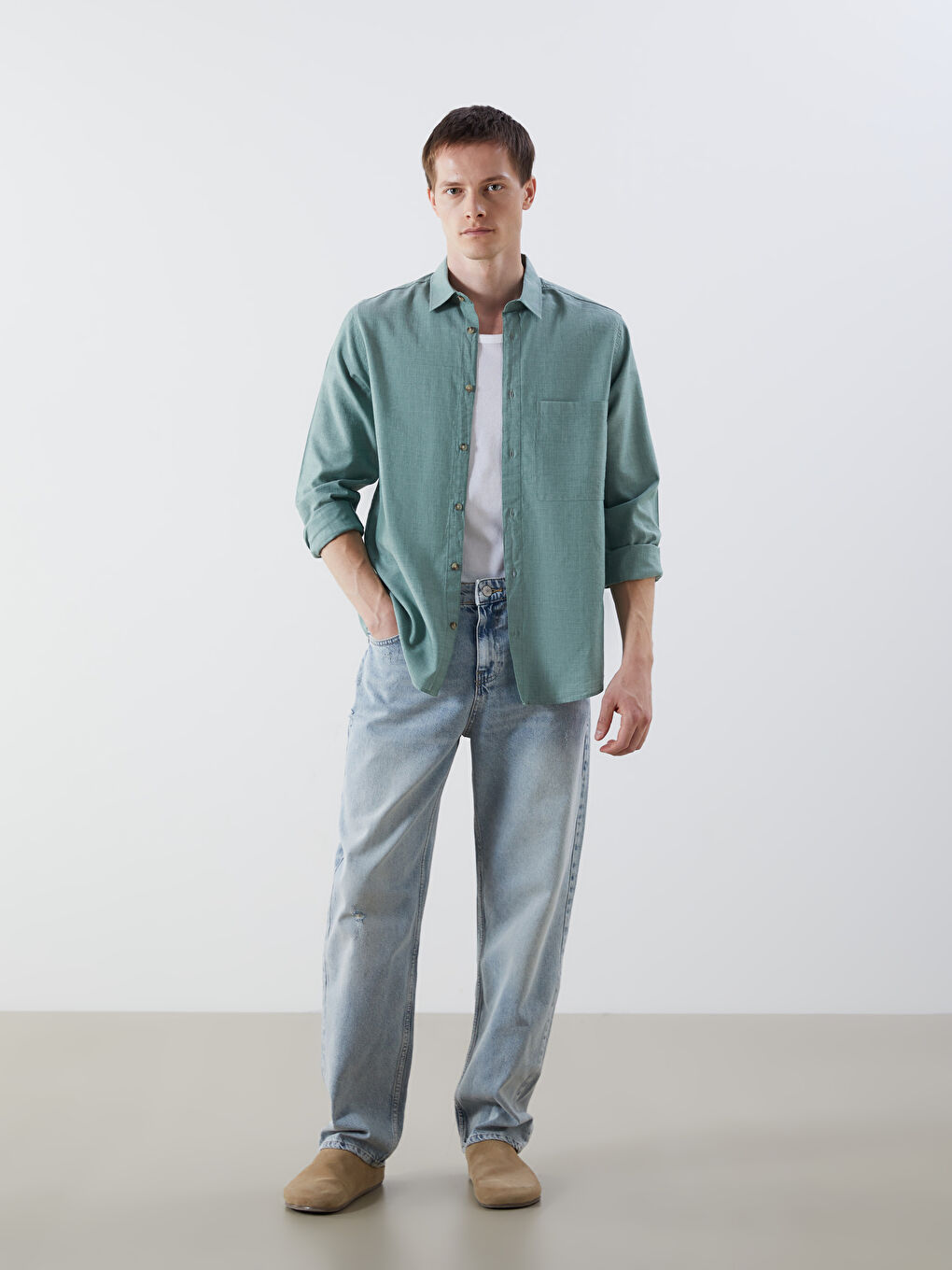 Yeşil Rahat Kalıp Uzun Kollu Erkek Jean Gömlek-1