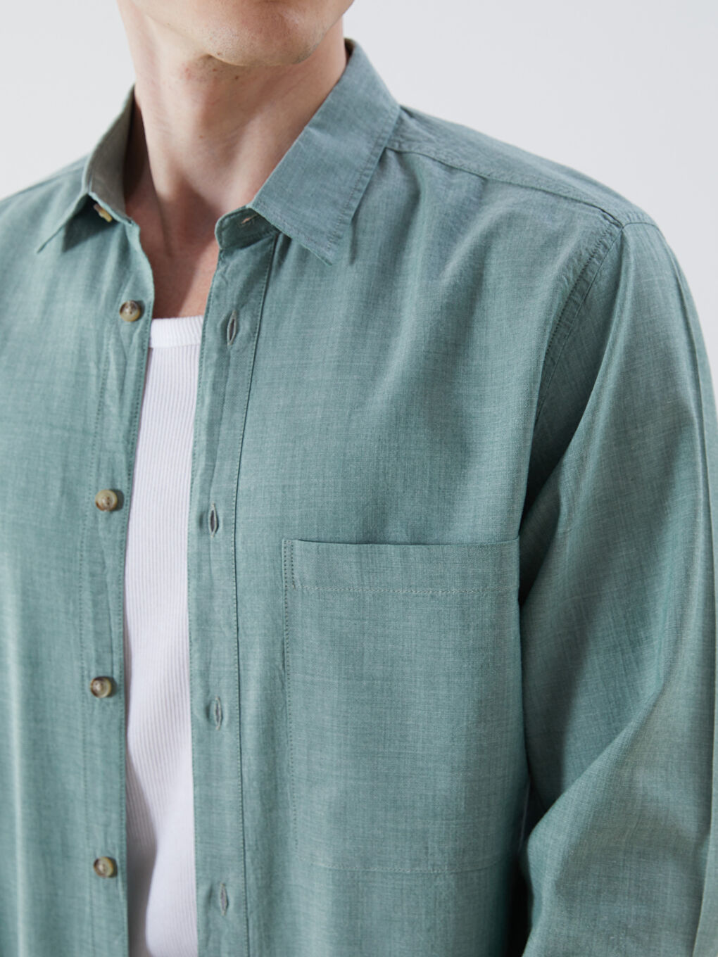 Yeşil Rahat Kalıp Uzun Kollu Erkek Jean Gömlek-2