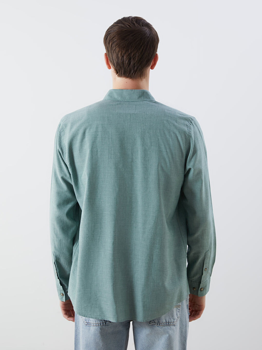 Yeşil Rahat Kalıp Uzun Kollu Erkek Jean Gömlek-3