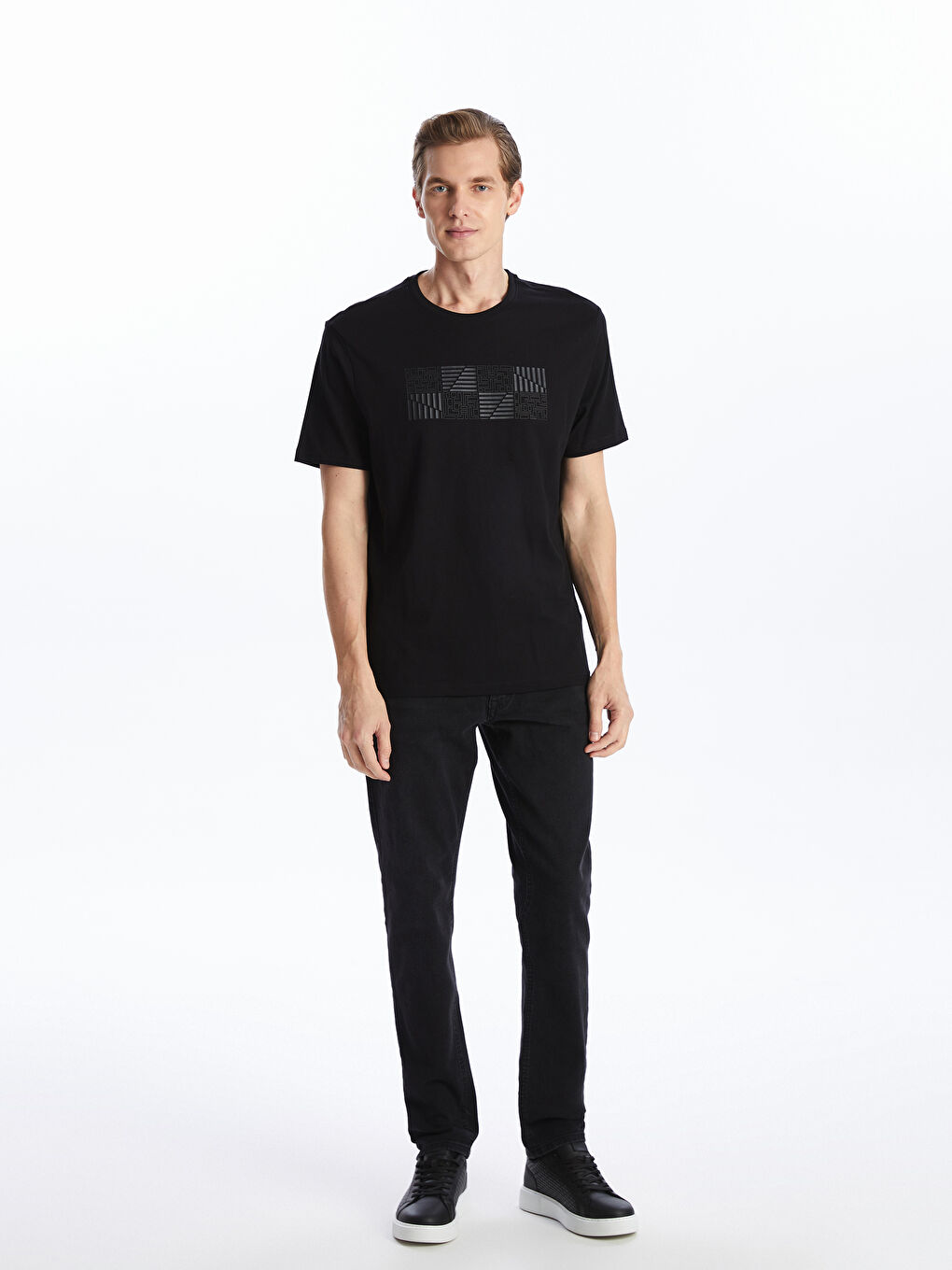 Siyah Bisiklet Yaka Baskılı Penye Erkek Tişört-3