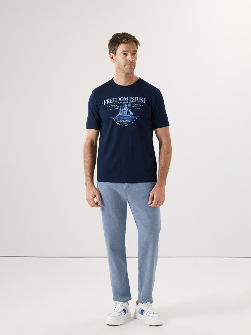 Lacivert Bisiklet Yaka Baskılı Penye Erkek Tişört-1