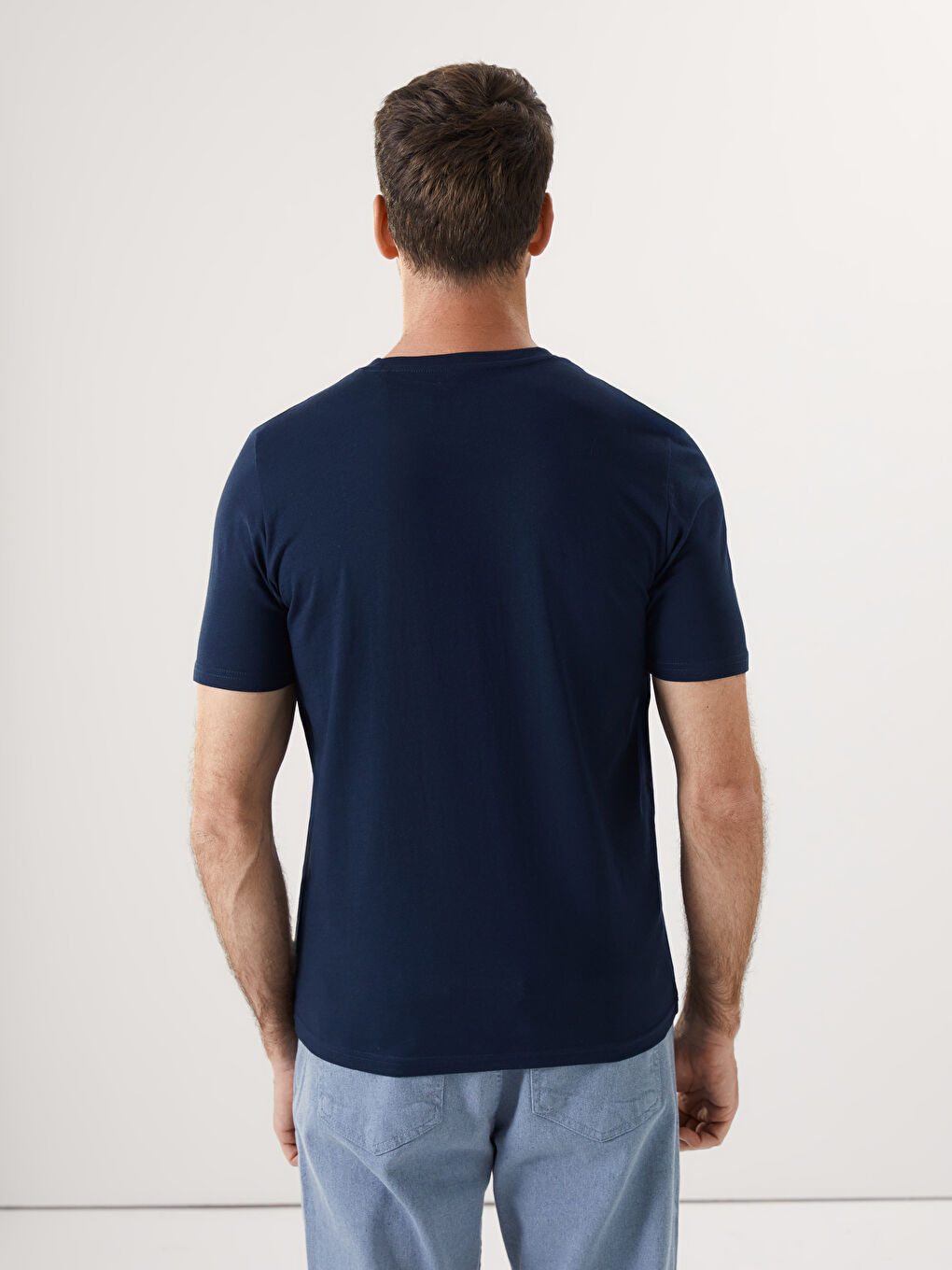 Lacivert Bisiklet Yaka Baskılı Penye Erkek Tişört-3