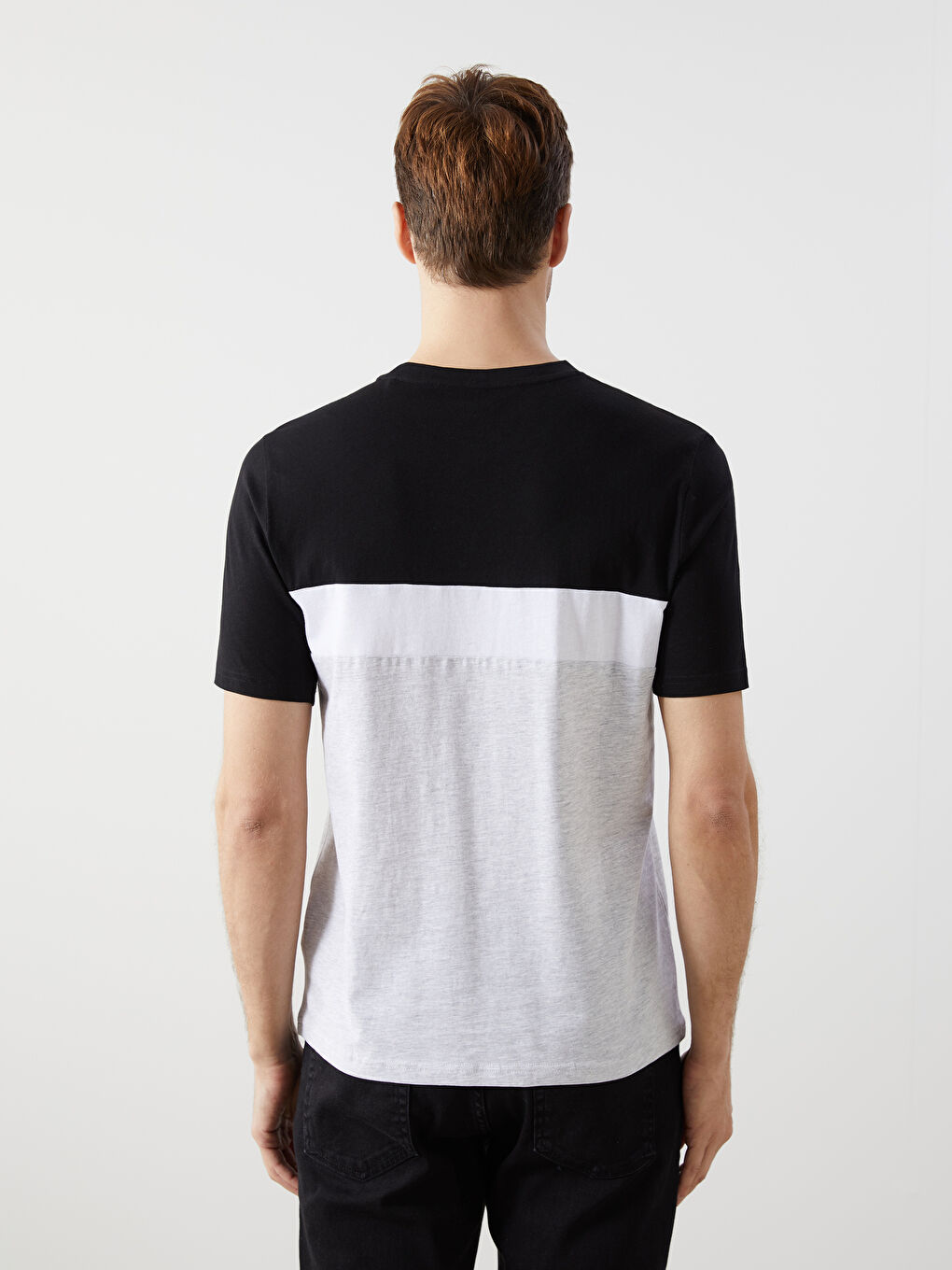 Siyah Bisiklet Yaka Kısa Kollu Renk Bloklu Erkek Tişört-7