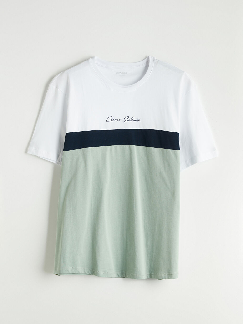 Beyaz Bisiklet Yaka Renk Bloklu Penye Erkek Tişört