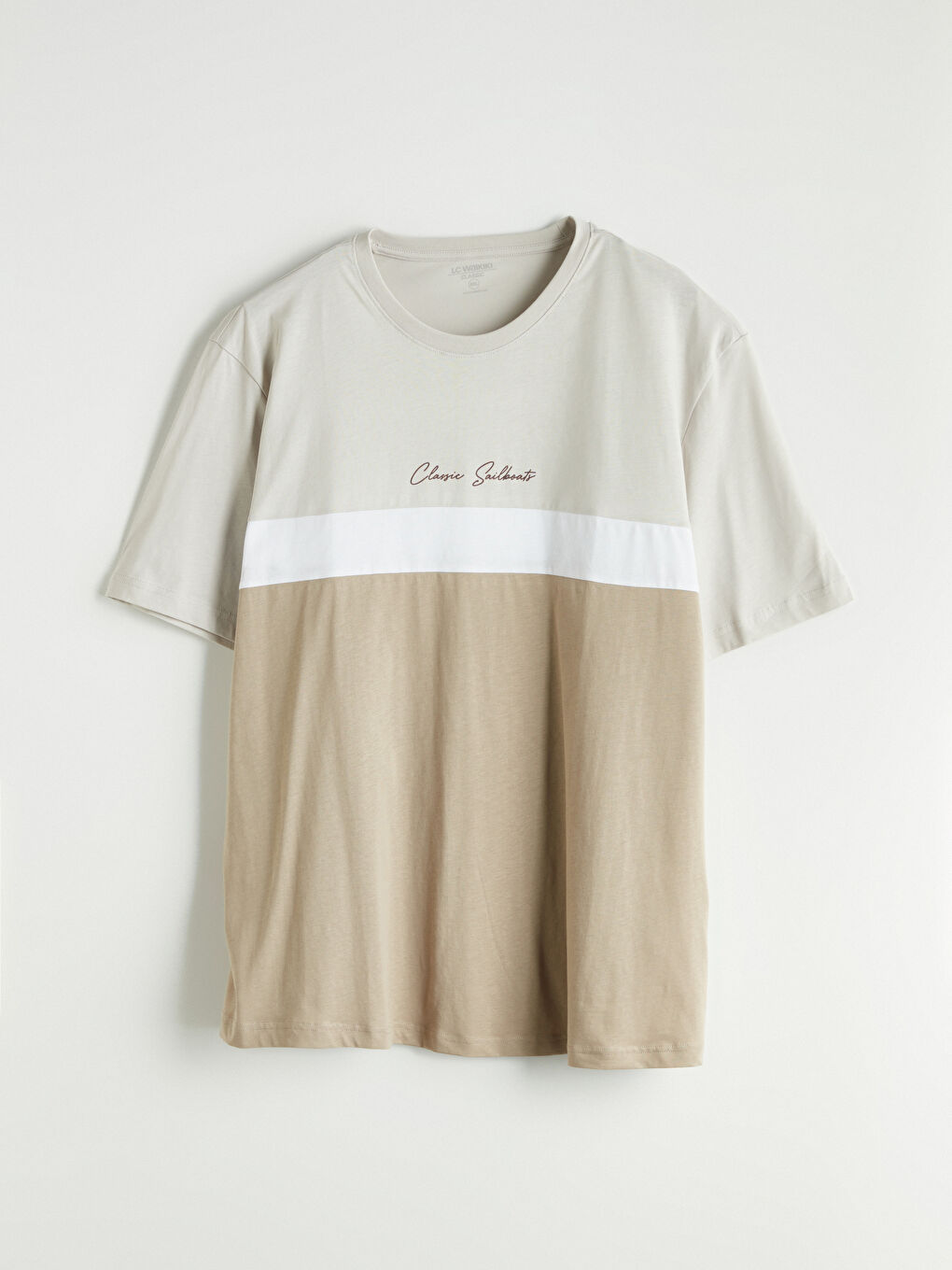 Bej Bisiklet Yaka Renk Bloklu Penye Erkek Tişört-1