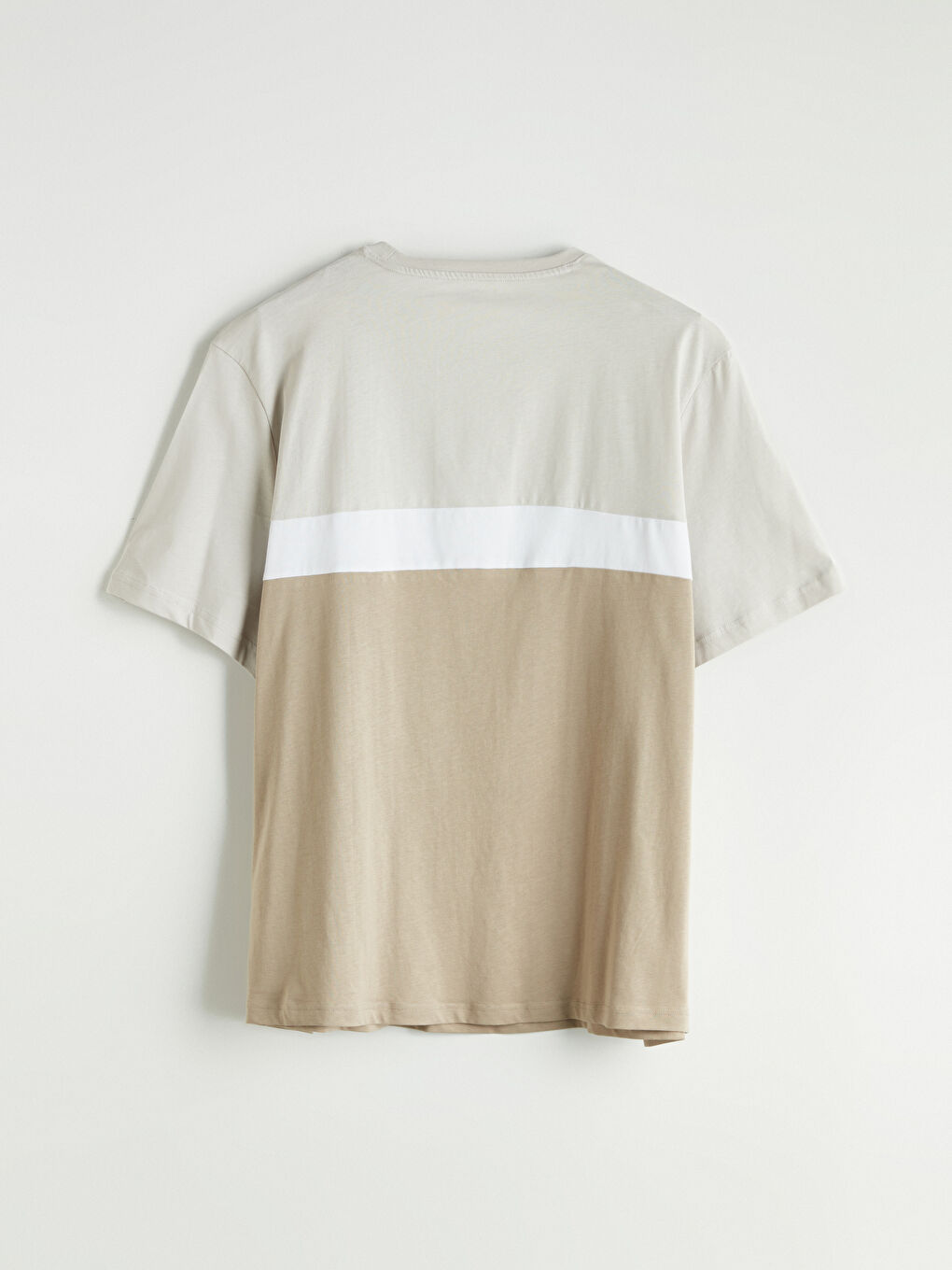 Bej Bisiklet Yaka Renk Bloklu Penye Erkek Tişört-3