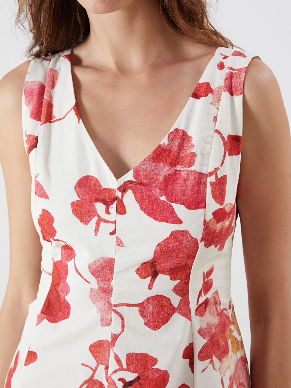 Pembe V Yaka Çiçekli Mini Elbise-2