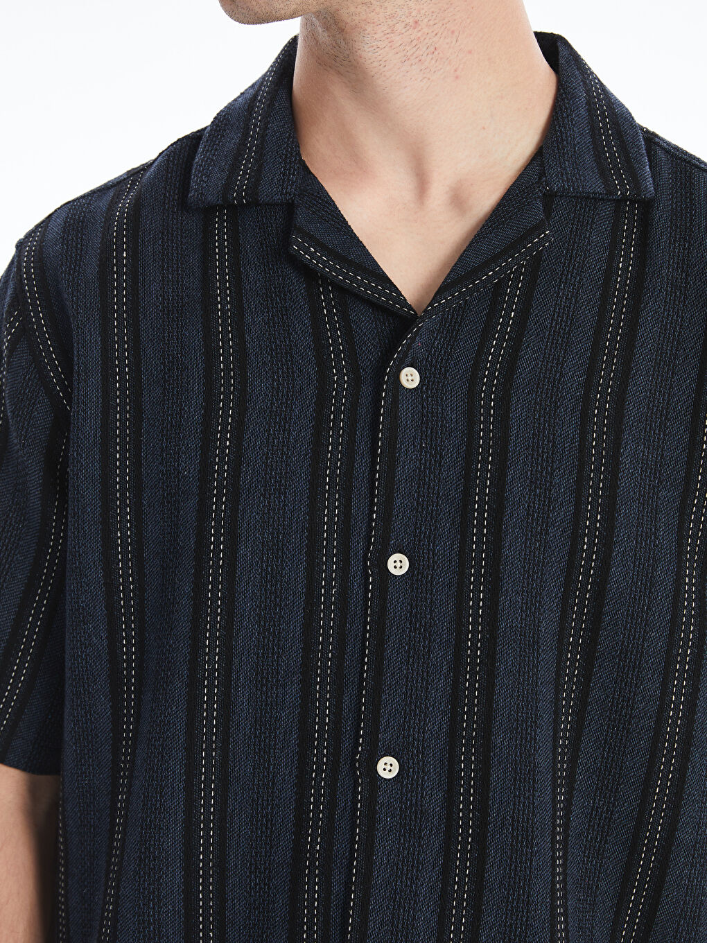 Lacivert Regular Fit Kısa Kollu Çizgili Erkek Gömlek-2