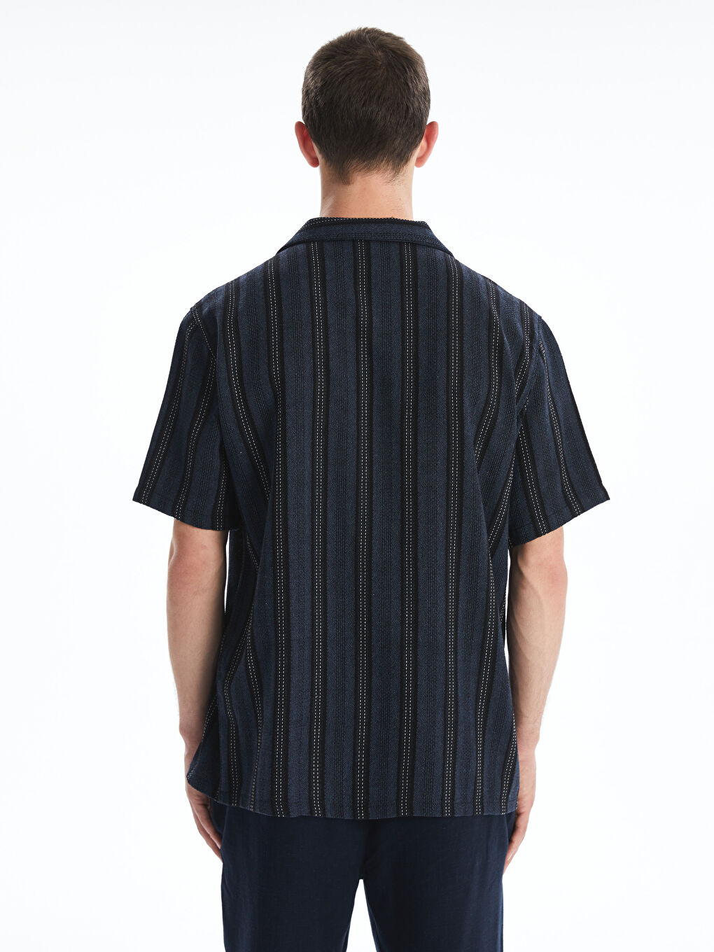 Lacivert Regular Fit Kısa Kollu Çizgili Erkek Gömlek-3