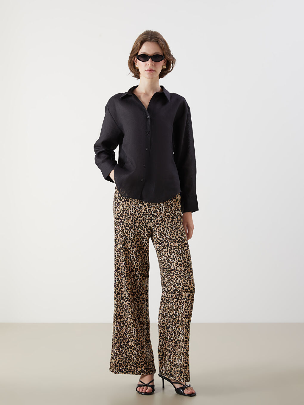 Leopard Patterned Women's Trousers with Elastic Waist -S5QG88Z8-LQY