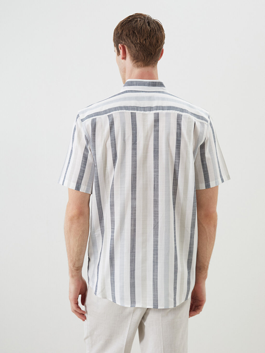 Ekru Regular Fit Kısa Kollu Çizgili Poplin Erkek Gömlek-7