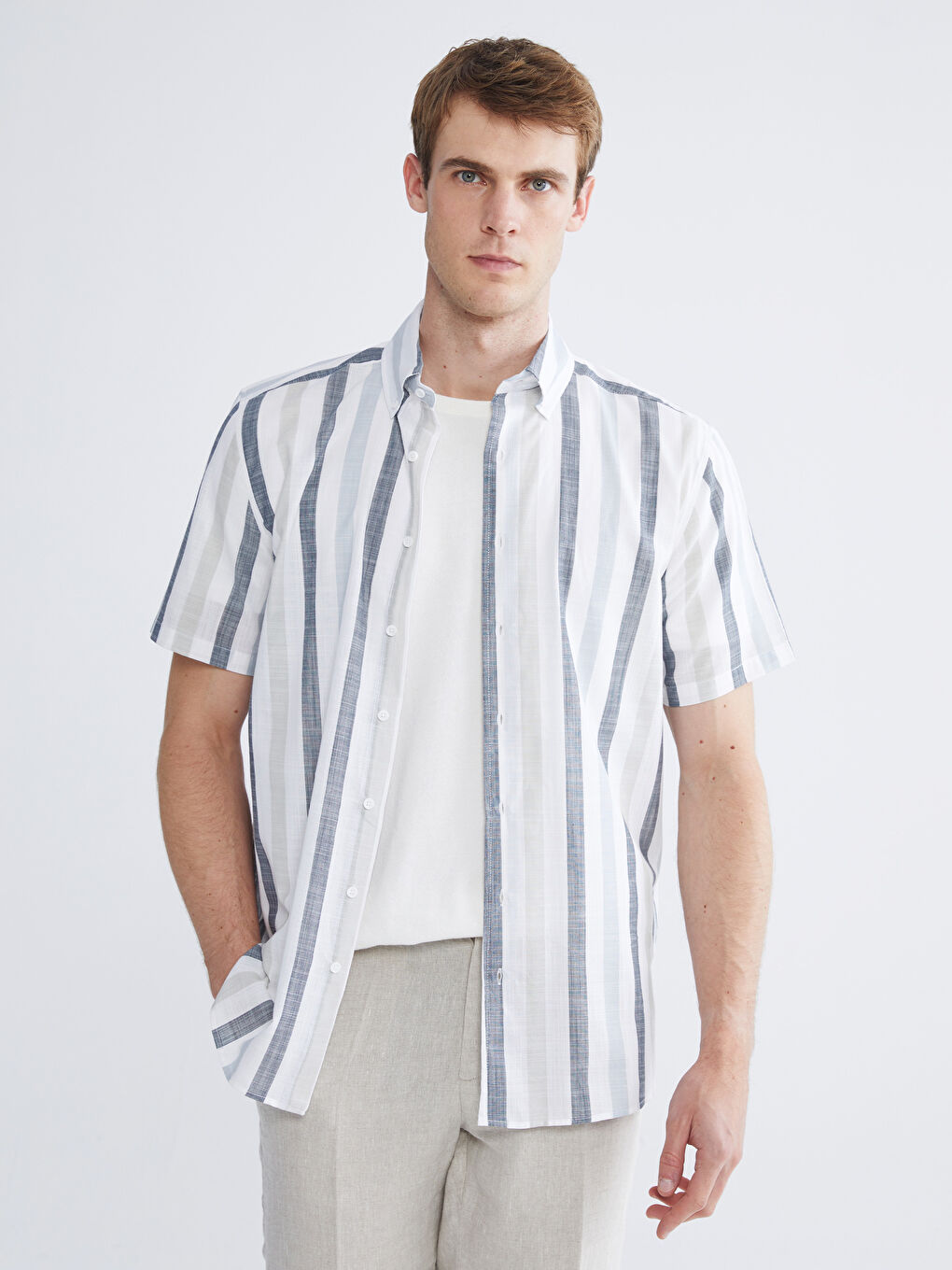 Ekru Regular Fit Kısa Kollu Çizgili Poplin Erkek Gömlek-1