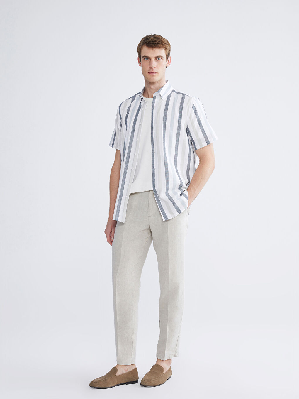 Ekru Regular Fit Kısa Kollu Çizgili Poplin Erkek Gömlek-2