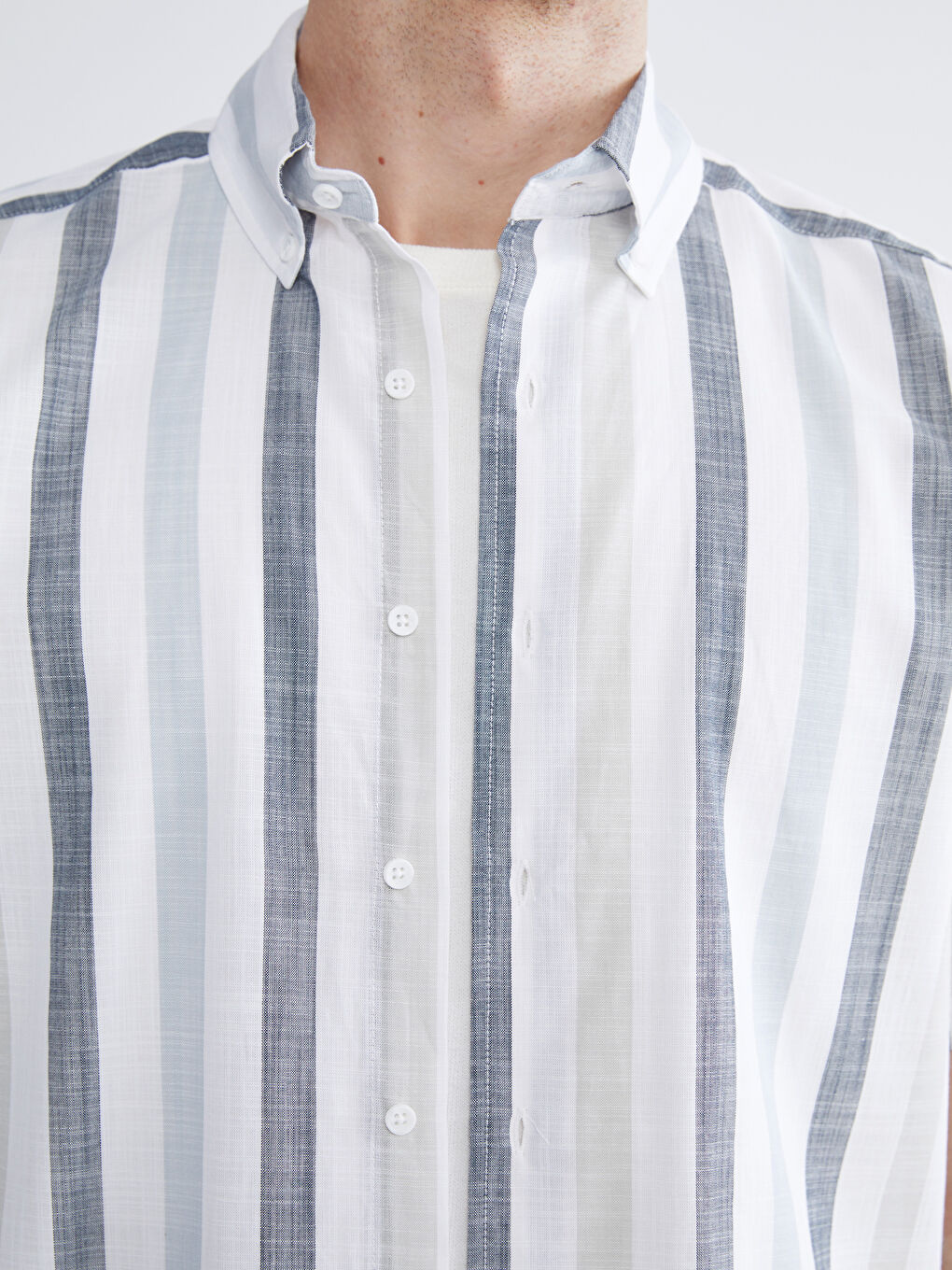 Ekru Regular Fit Kısa Kollu Çizgili Poplin Erkek Gömlek-4