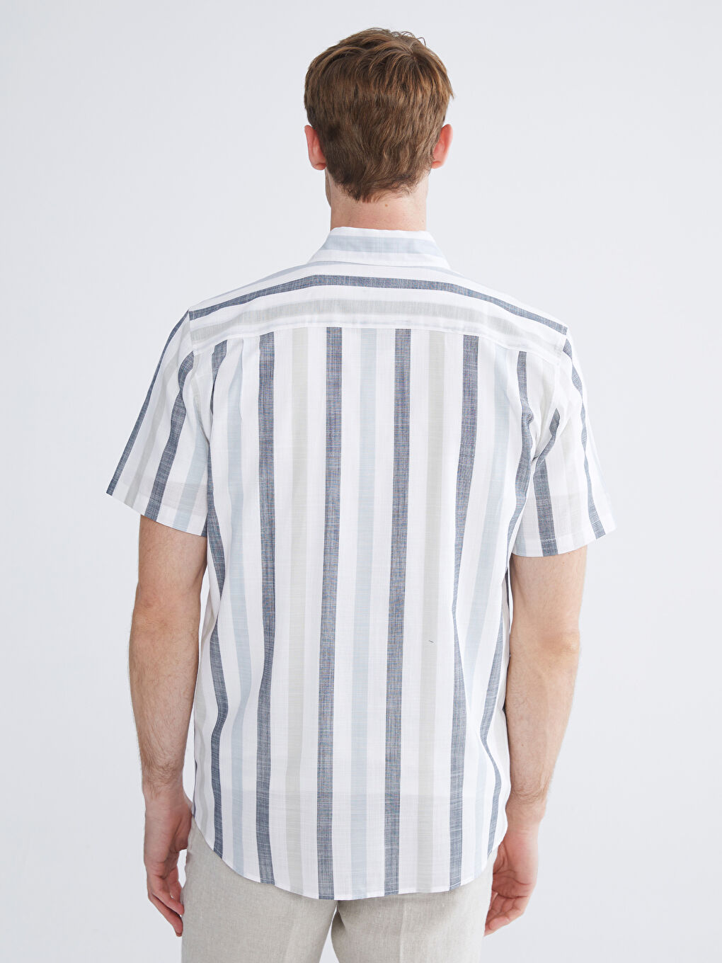 Ekru Regular Fit Kısa Kollu Çizgili Poplin Erkek Gömlek-6