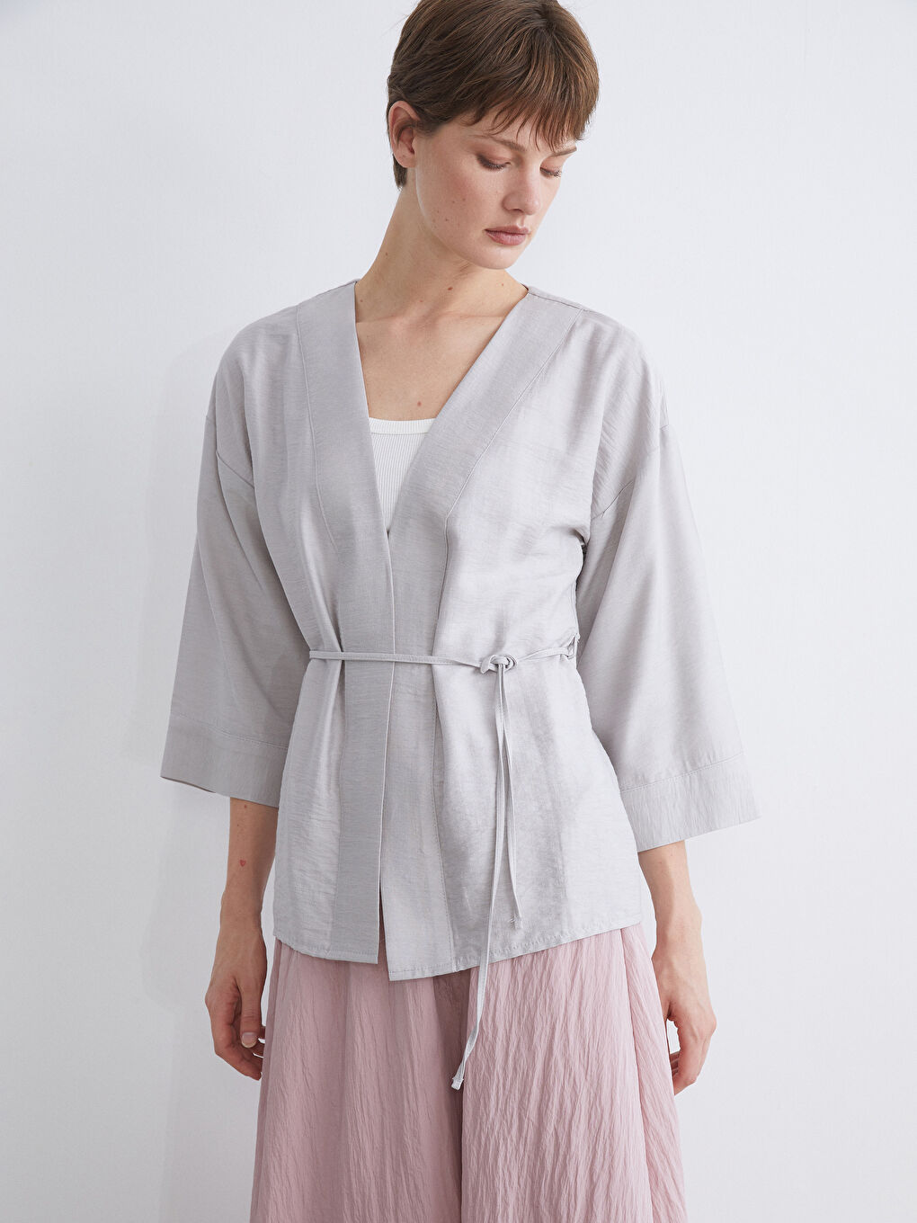 Gri Şal Yaka Modal Karışımlı Kadın Kimono