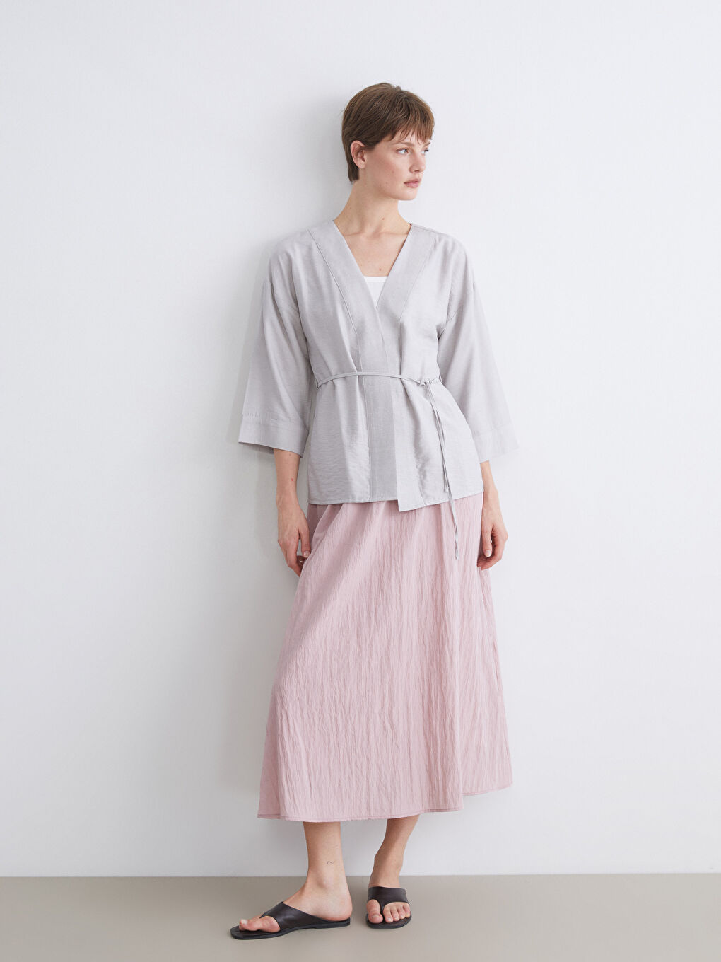 Gri Şal Yaka Modal Karışımlı Kadın Kimono-1