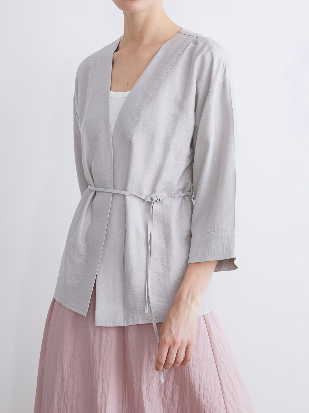 Gri Şal Yaka Modal Karışımlı Kadın Kimono-2