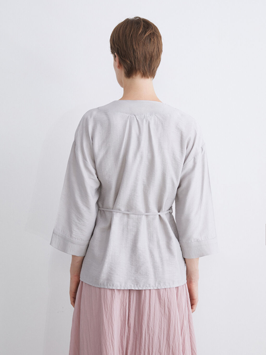 Gri Şal Yaka Modal Karışımlı Kadın Kimono-3