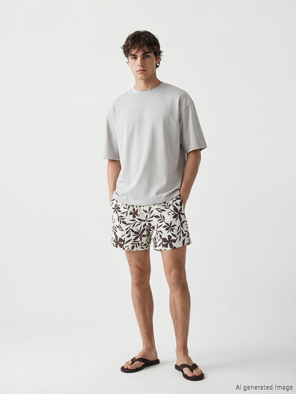 Haki Yaprak ve Çiçek Desenli Erkek Yüzme Şort