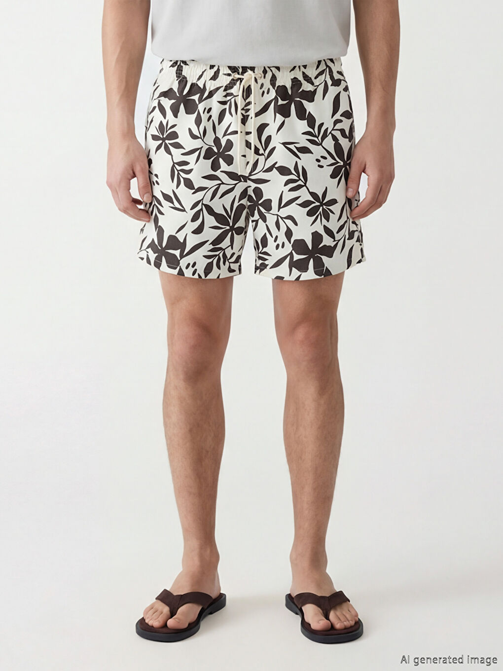 Haki Yaprak ve Çiçek Desenli Erkek Yüzme Şort-1