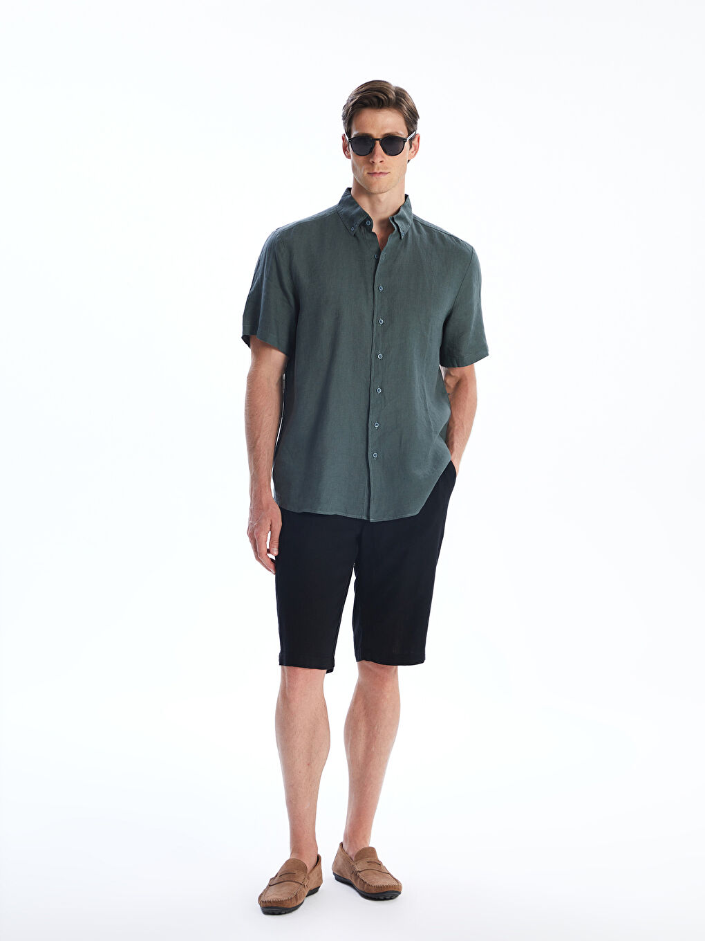 Petrol Regular Fit Kısa Kollu %100 Keten Erkek Gömlek-1