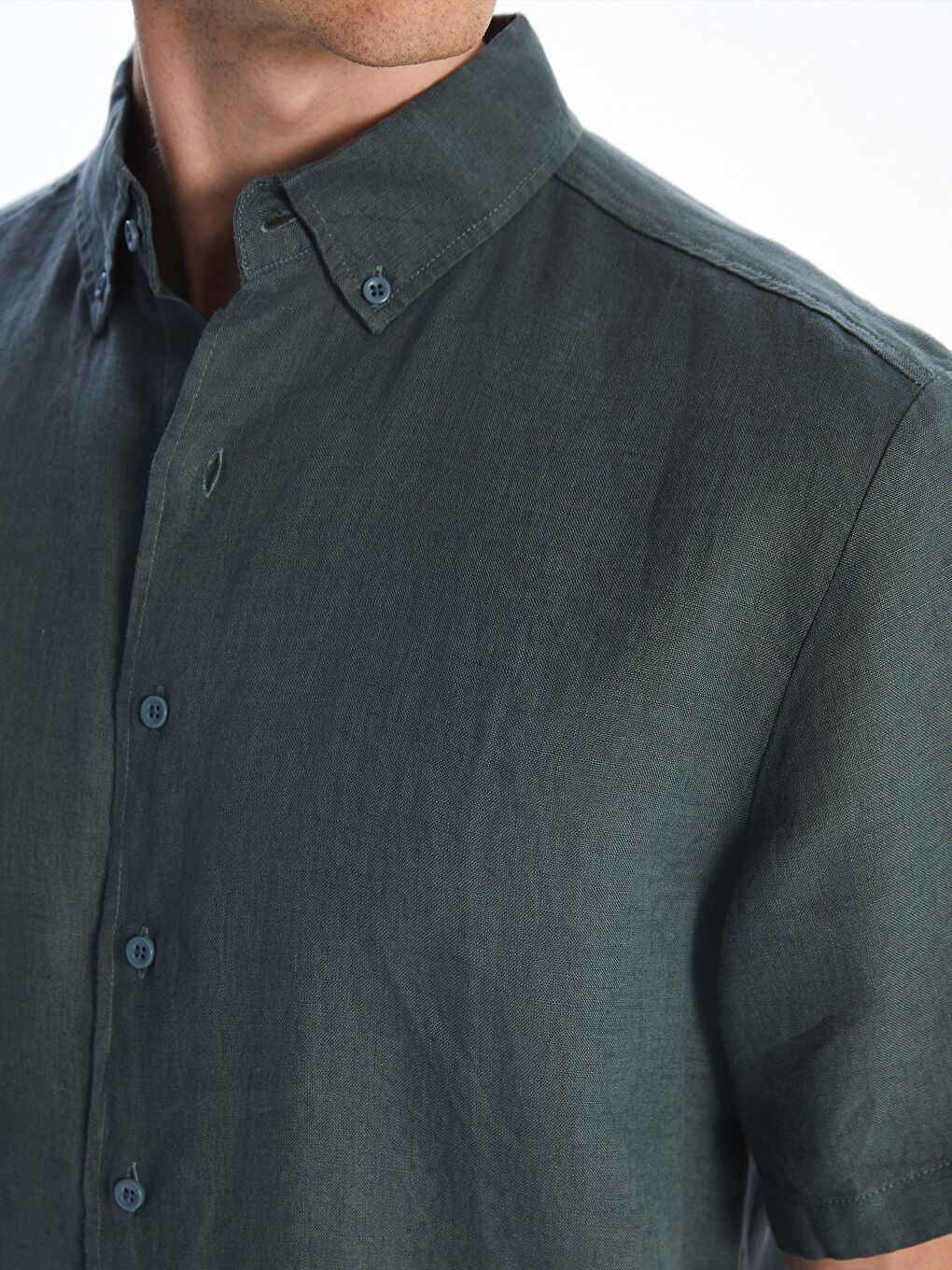 Petrol Regular Fit Kısa Kollu %100 Keten Erkek Gömlek-2