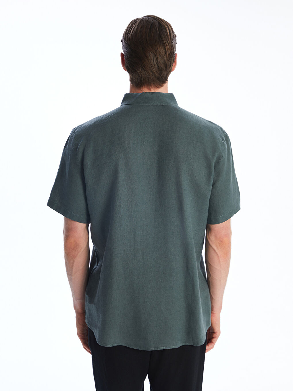 Petrol Regular Fit Kısa Kollu %100 Keten Erkek Gömlek-3