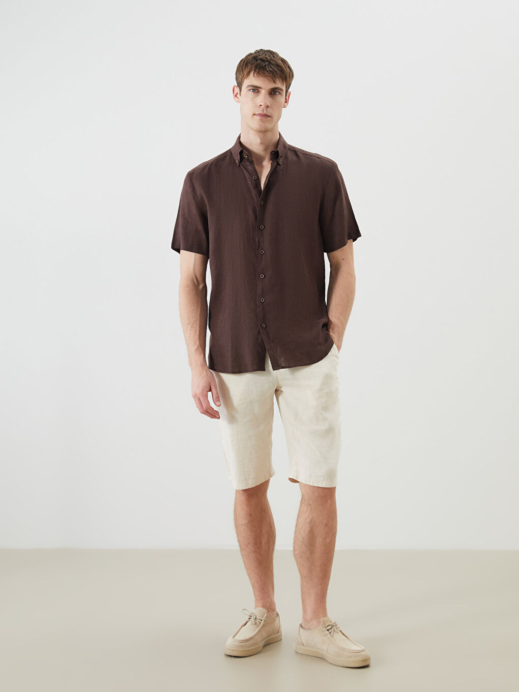 Kahverengi Regular Fit Kısa Kollu %100 Keten Erkek Gömlek-1