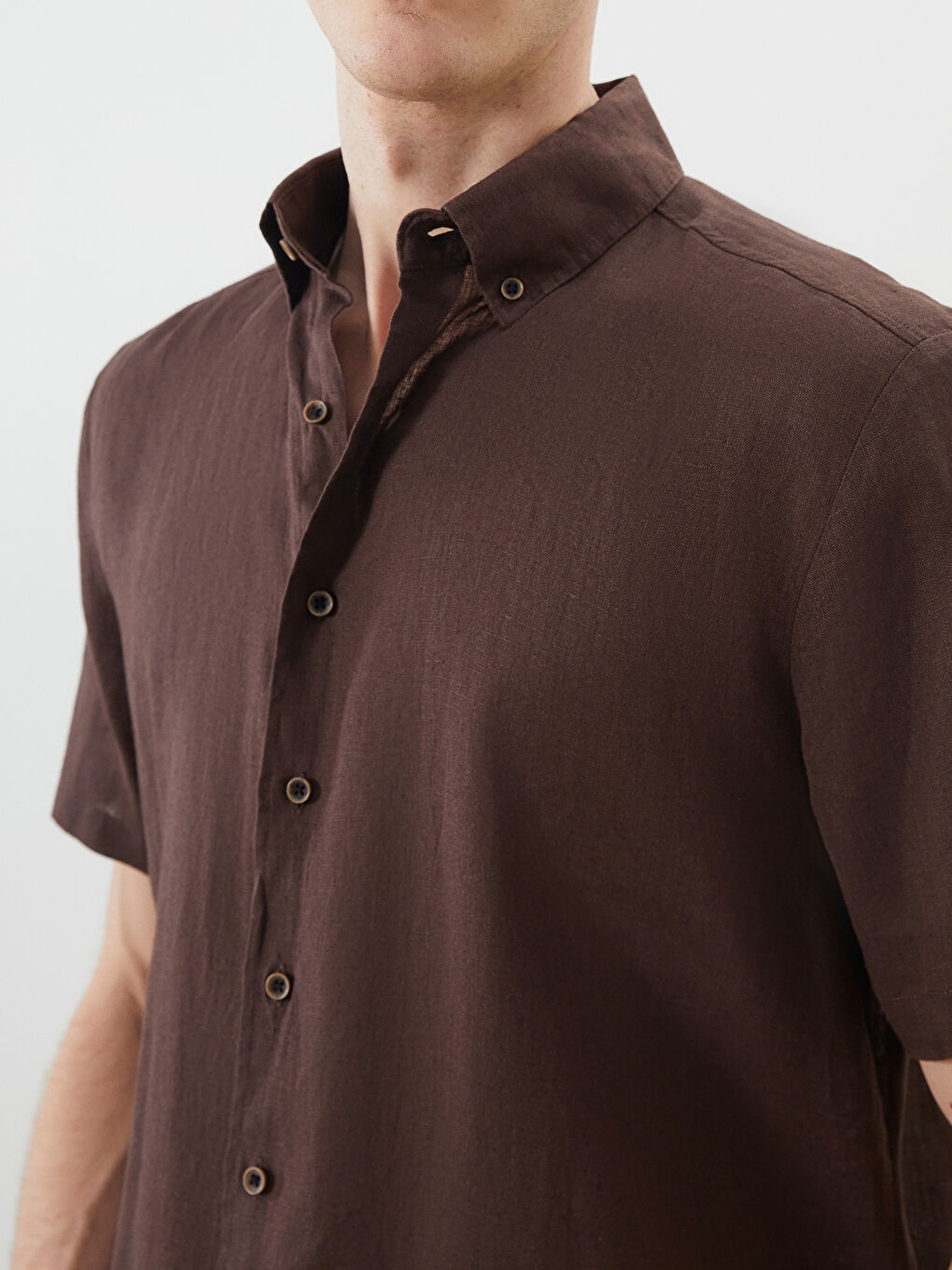 Kahverengi Regular Fit Kısa Kollu %100 Keten Erkek Gömlek-2
