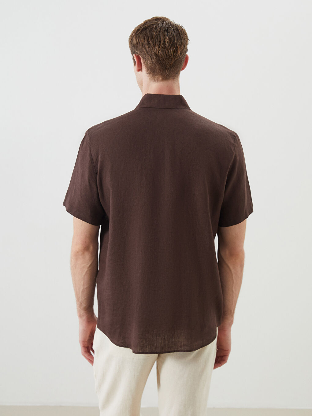Kahverengi Regular Fit Kısa Kollu %100 Keten Erkek Gömlek-3