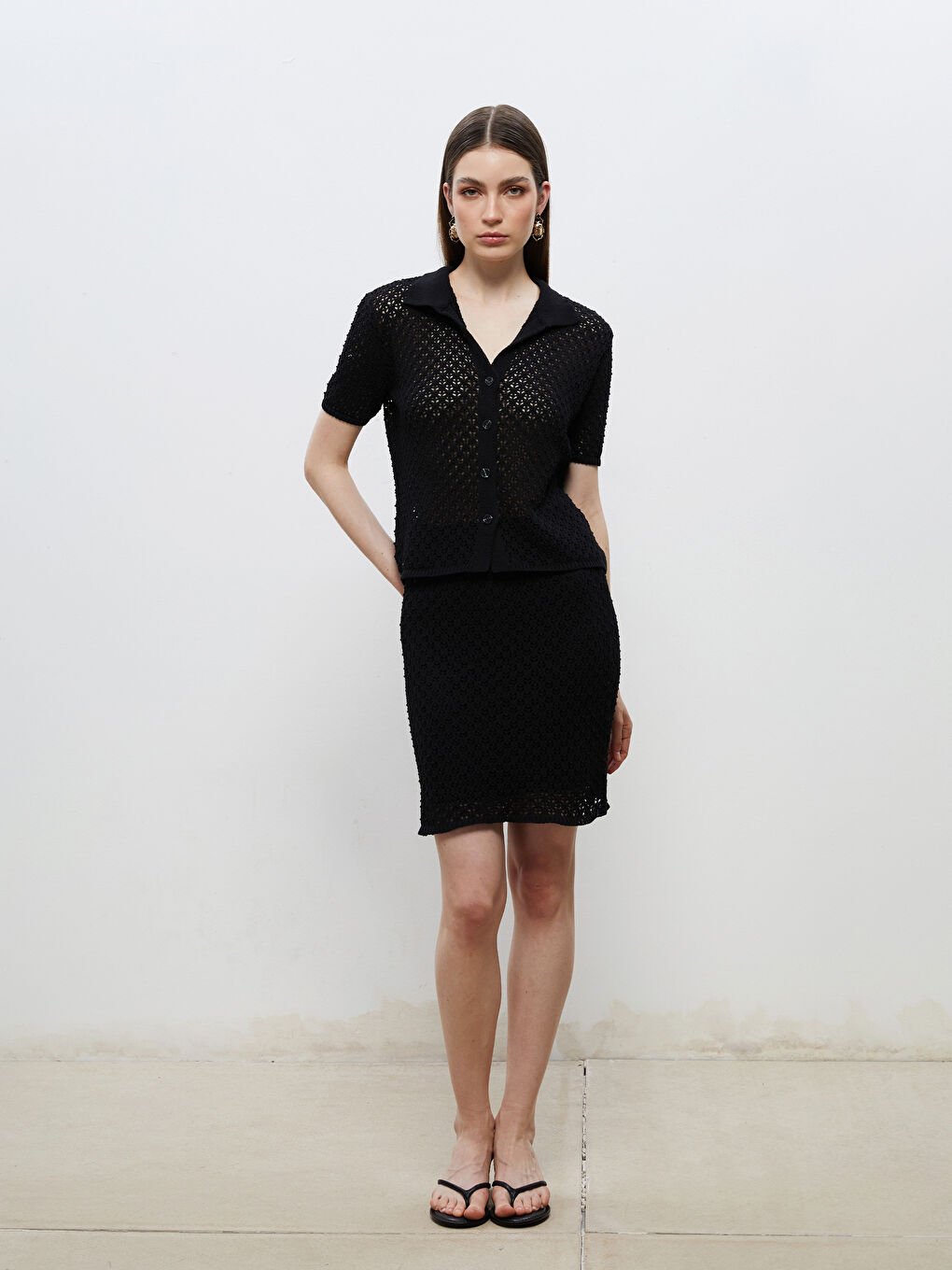 Siyah Beli Lastikli Ajurlu Mini Triko Etek