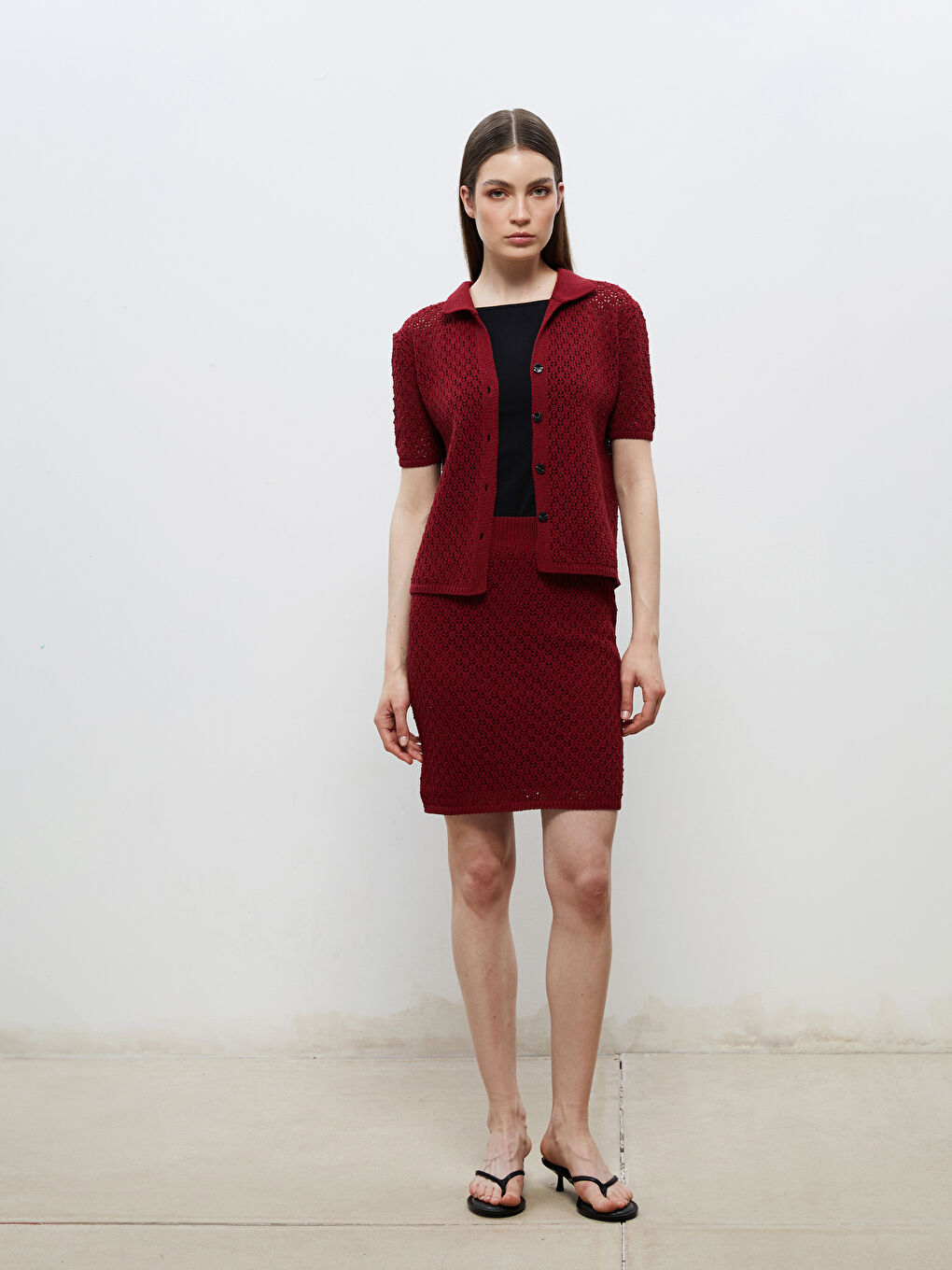 Bordo Beli Lastikli Ajurlu Mini Triko Etek