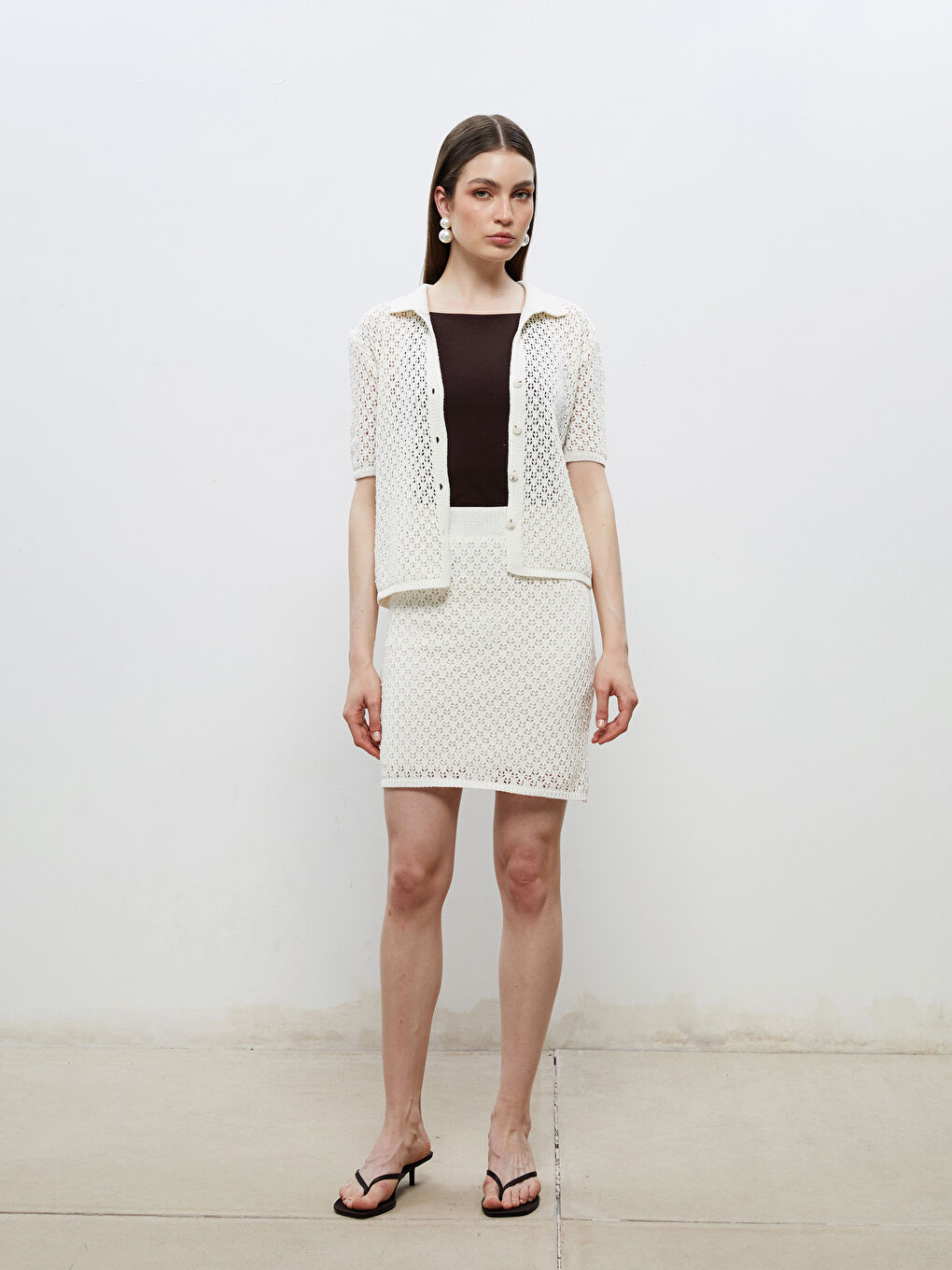 Bej Beli Lastikli Ajurlu Mini Triko Etek