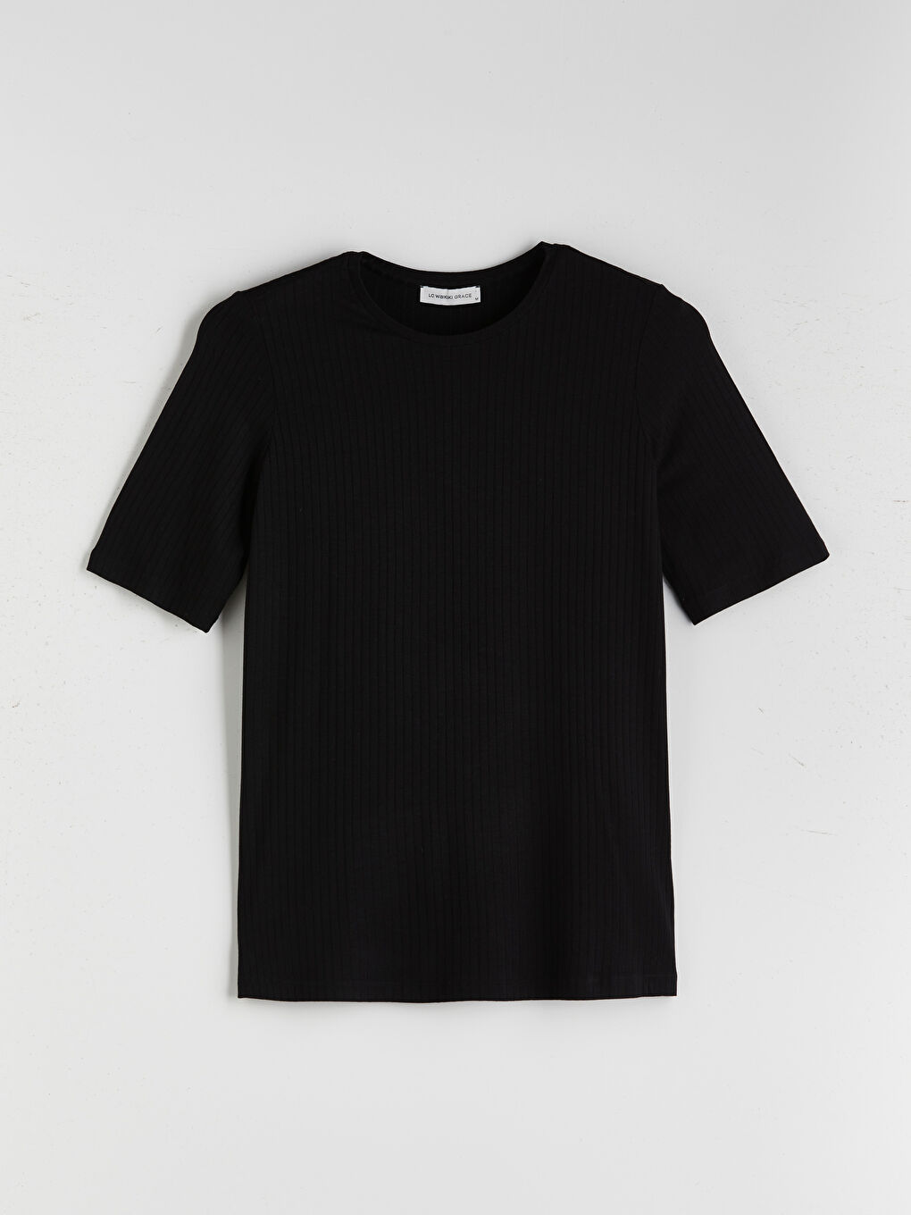 Siyah Bisiklet Yaka Dokulu Kadın Tişört-5