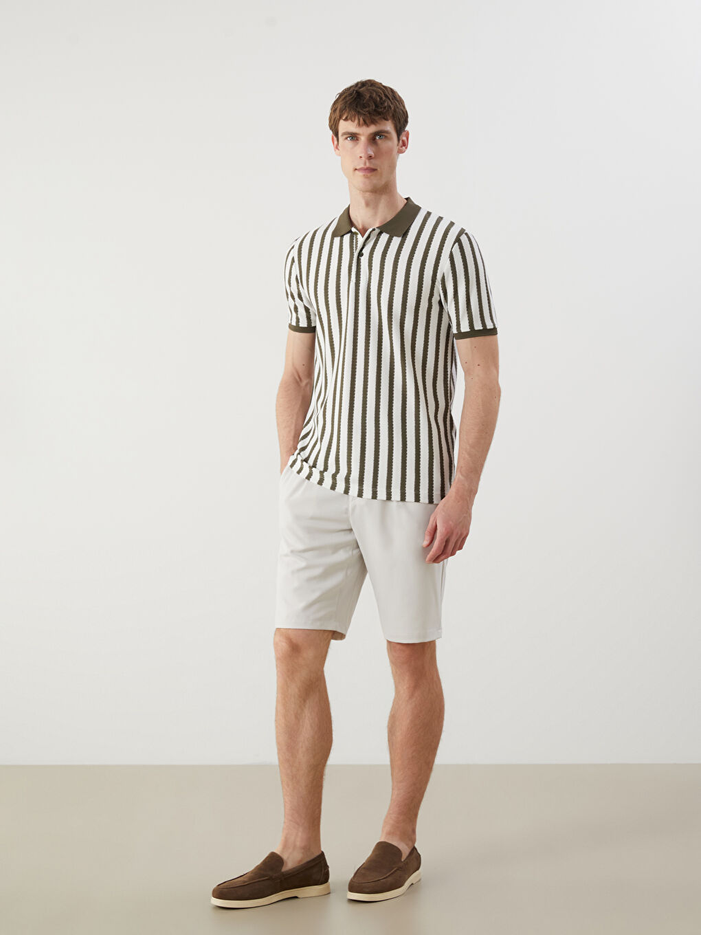 Yeşil Polo Yaka Çizgili Erkek Tişört-1