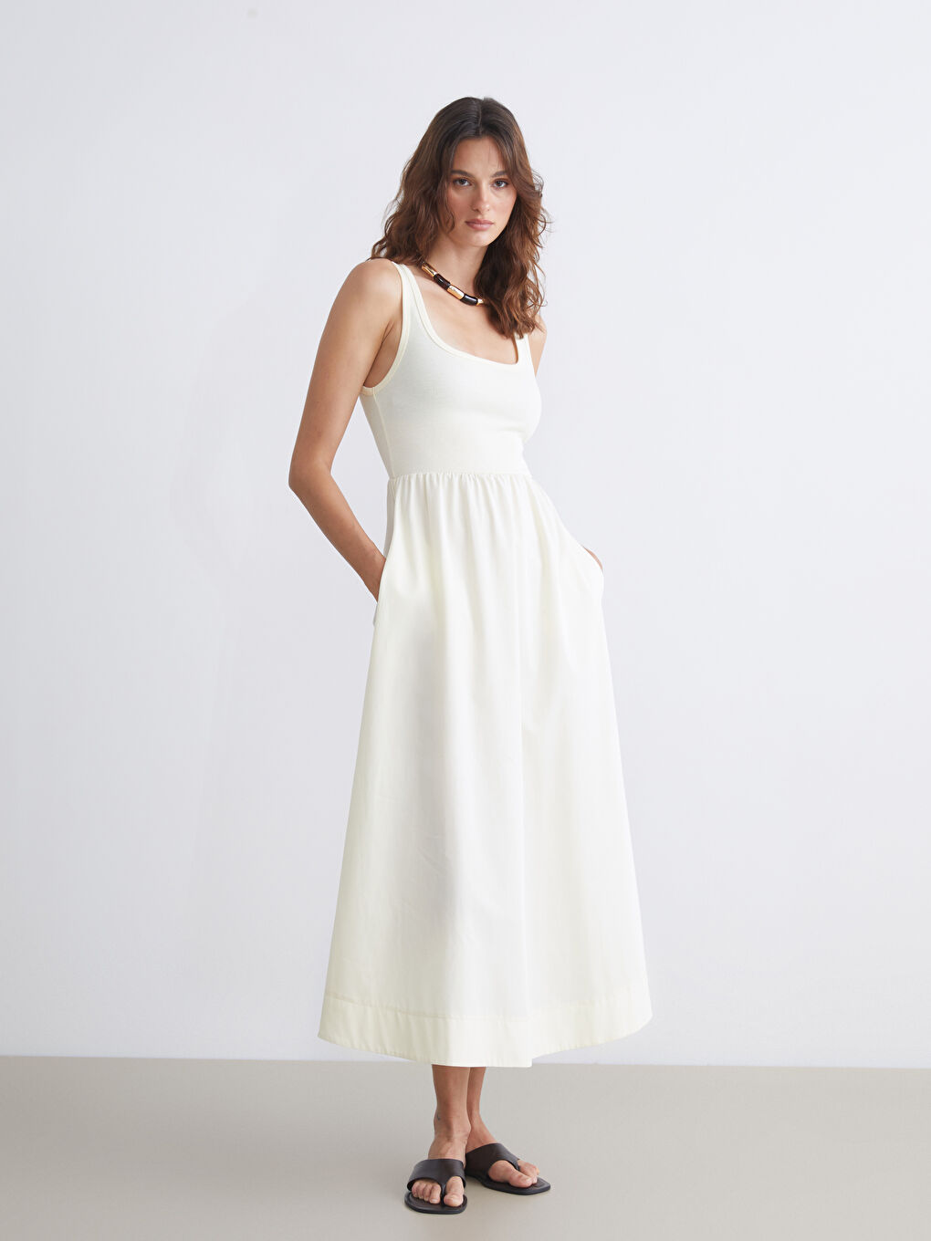 Sarı Kare Yaka Dokulu Belden Oturtmalı Elbise-1